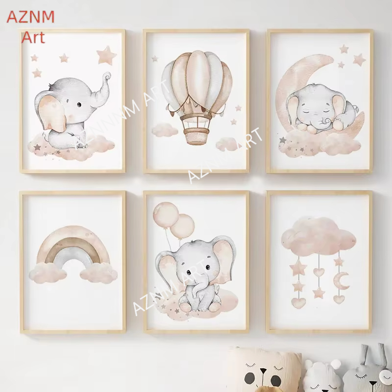 Baby Nursery Fabric - ملصقات جدارية للأطفال بتصميم الفيل والبالونات