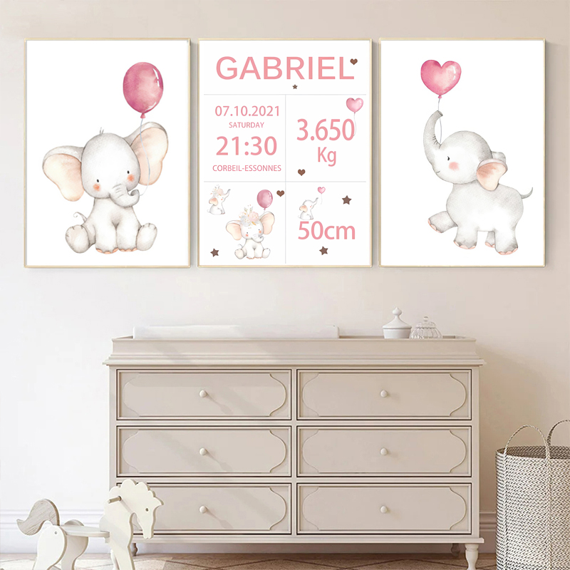 Baby Nursery Elephant - الوردي الطفل مخصص اسم تاريخ الميلاد